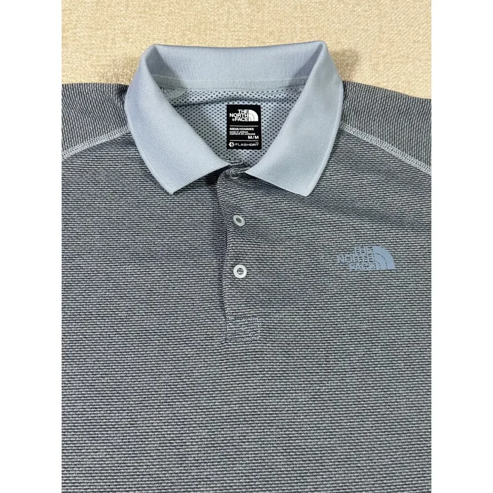 North Face Men Med Blue Gray Short Sleeve 3 Snap Button Polo Shirt Casual Wear
